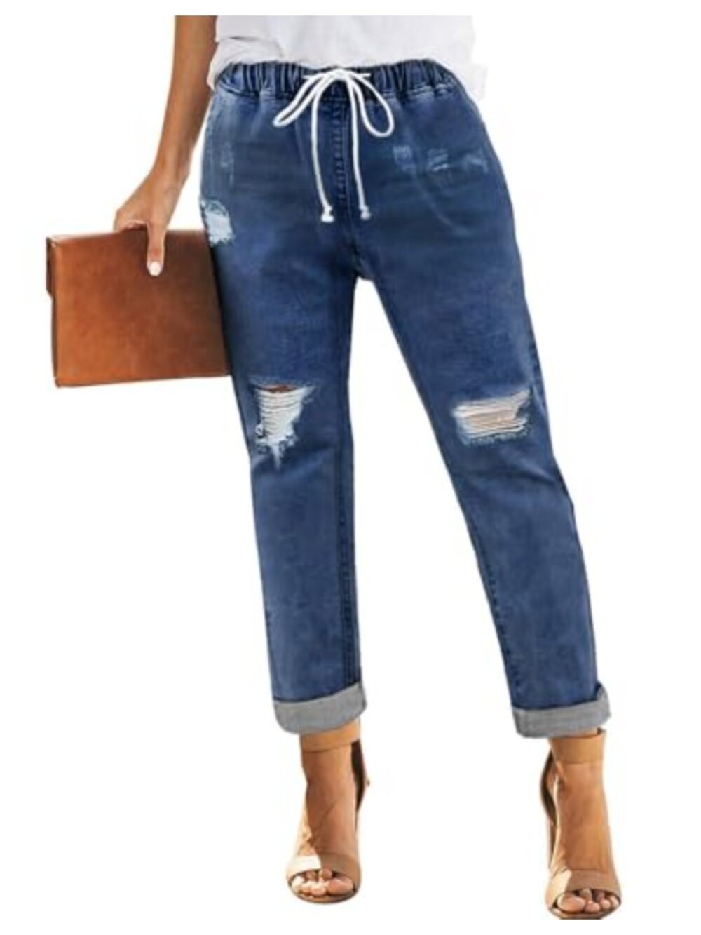 Women's Denim Stretch Joggers Drawstring Elastic Waist Pull On Jeans Pockets